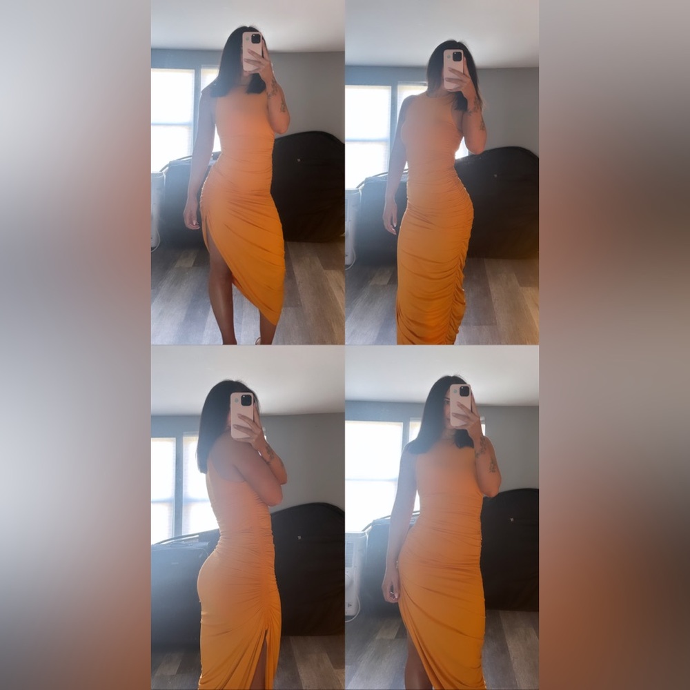 Zara Bodycon Yellow/Mustard color high neck ruched Midi dress